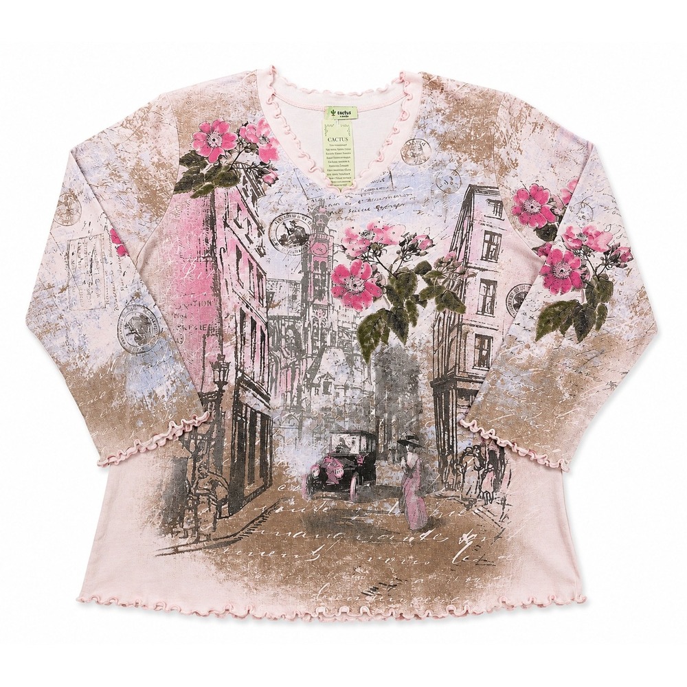 Cactus Fashion For Art Womens XL Pink Paris Graphic Cotton Lettuce Edge Top NWT - Picture 2 of 8